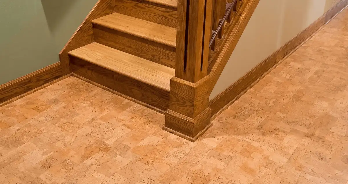 End of a staircase with cork flooring in Denver, CO
