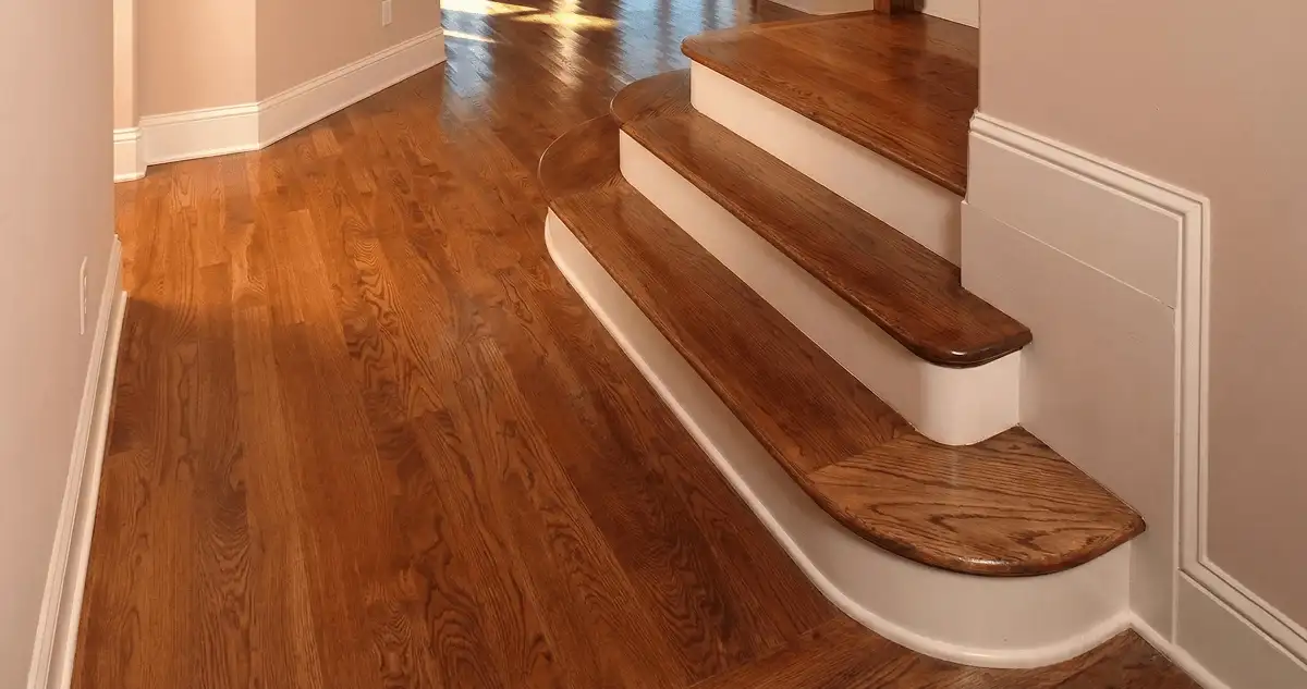 Base floor of a staircase with professionally restored wood flooring in Denver CO