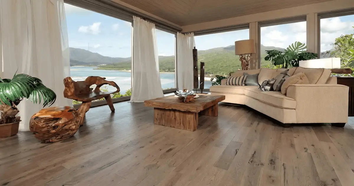 Professionally installed vinyl flooring in a modern living room with large windows in Denver, CO